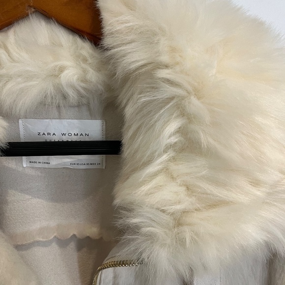 Zara Off White Faux Fur Aviator Biker Jacket XS - Picture 3 of 4